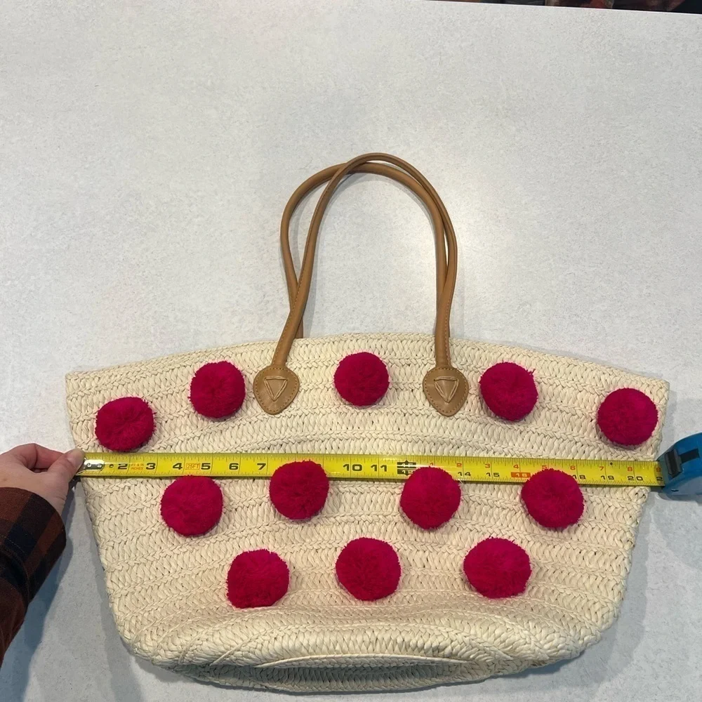 Ani Evry by Shiraleah Cream Beach Tote With Cute Fuchsia Color Poms